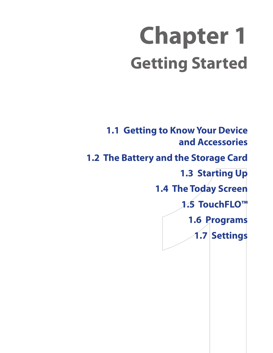Chapter 1, Getting started | HTC Touch by HTC VOGU100 User Manual | Page 11 / 150