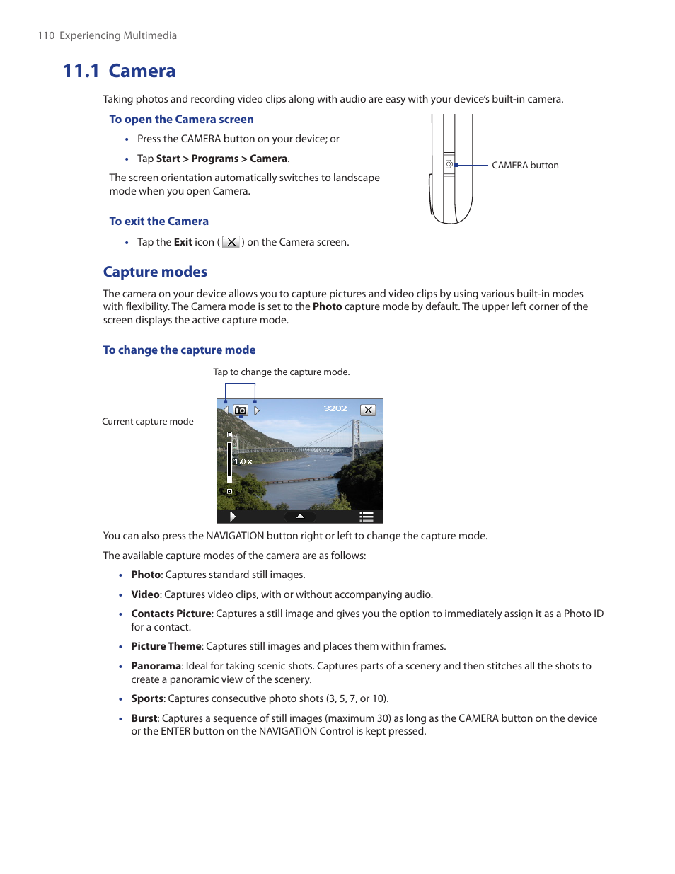 1 camera, Capture modes | HTC Touch by HTC VOGU100 User Manual | Page 110 / 150