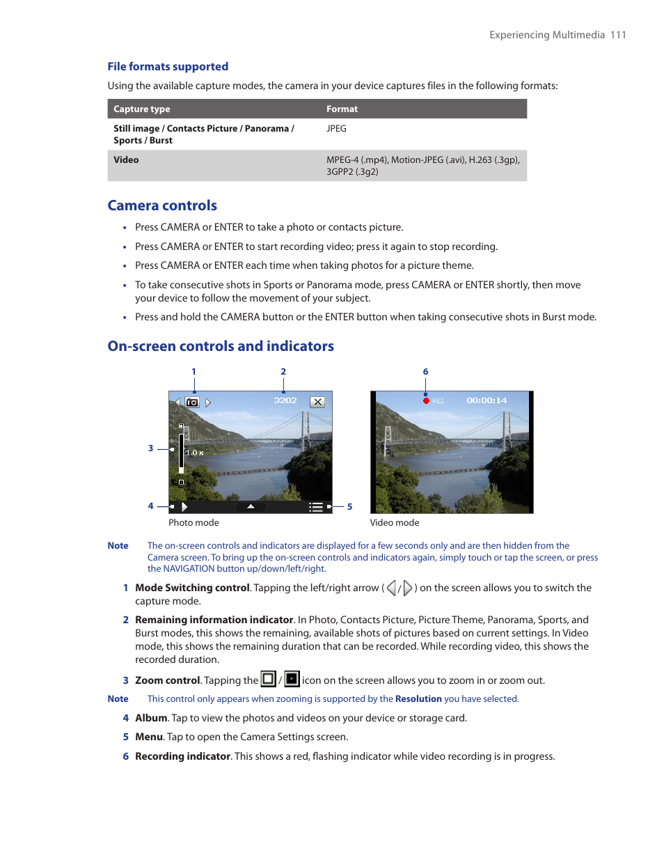 Camera controls, On-screen controls and indicators | HTC Touch by HTC VOGU100 User Manual | Page 111 / 150