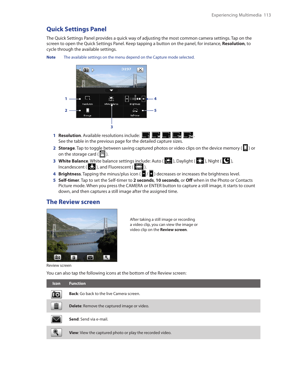 Quick settings panel, The review screen | HTC Touch by HTC VOGU100 User Manual | Page 113 / 150