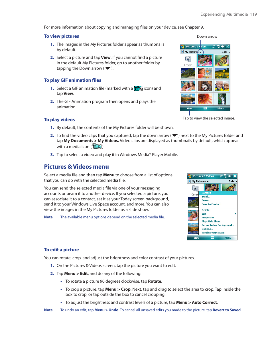 Pictures & videos menu | HTC Touch by HTC VOGU100 User Manual | Page 119 / 150