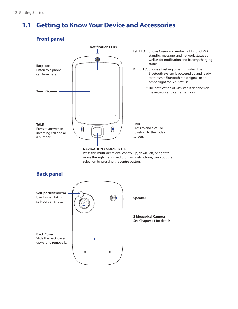 1 getting to know your device, And accessories, 1 getting to know your device and accessories | Front panel, Back panel, 12 getting started | HTC Touch by HTC VOGU100 User Manual | Page 12 / 150