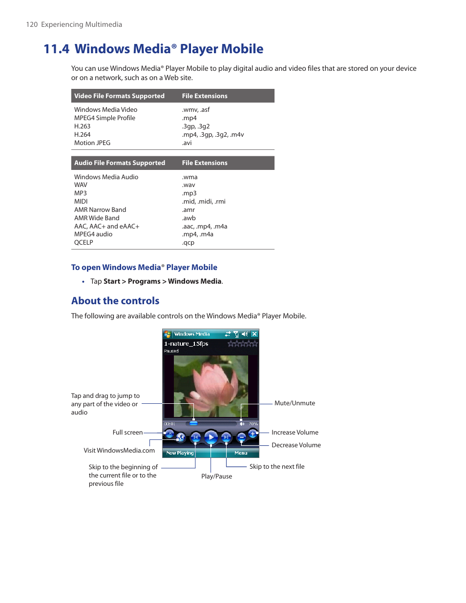 4 windows media® player mobile, About the controls | HTC Touch by HTC VOGU100 User Manual | Page 120 / 150