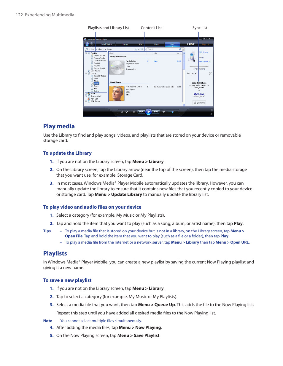 Play media, Playlists | HTC Touch by HTC VOGU100 User Manual | Page 122 / 150