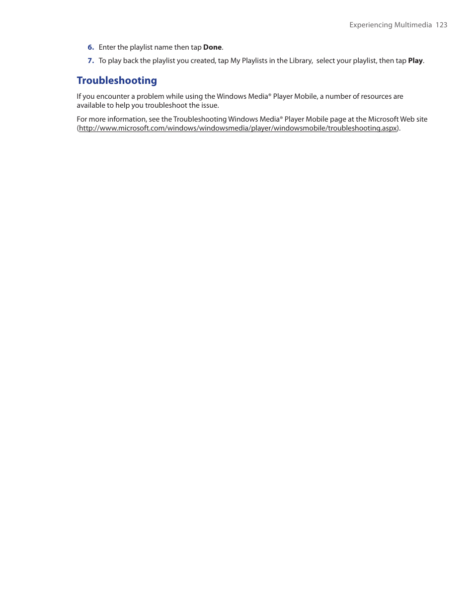 Troubleshooting | HTC Touch by HTC VOGU100 User Manual | Page 123 / 150