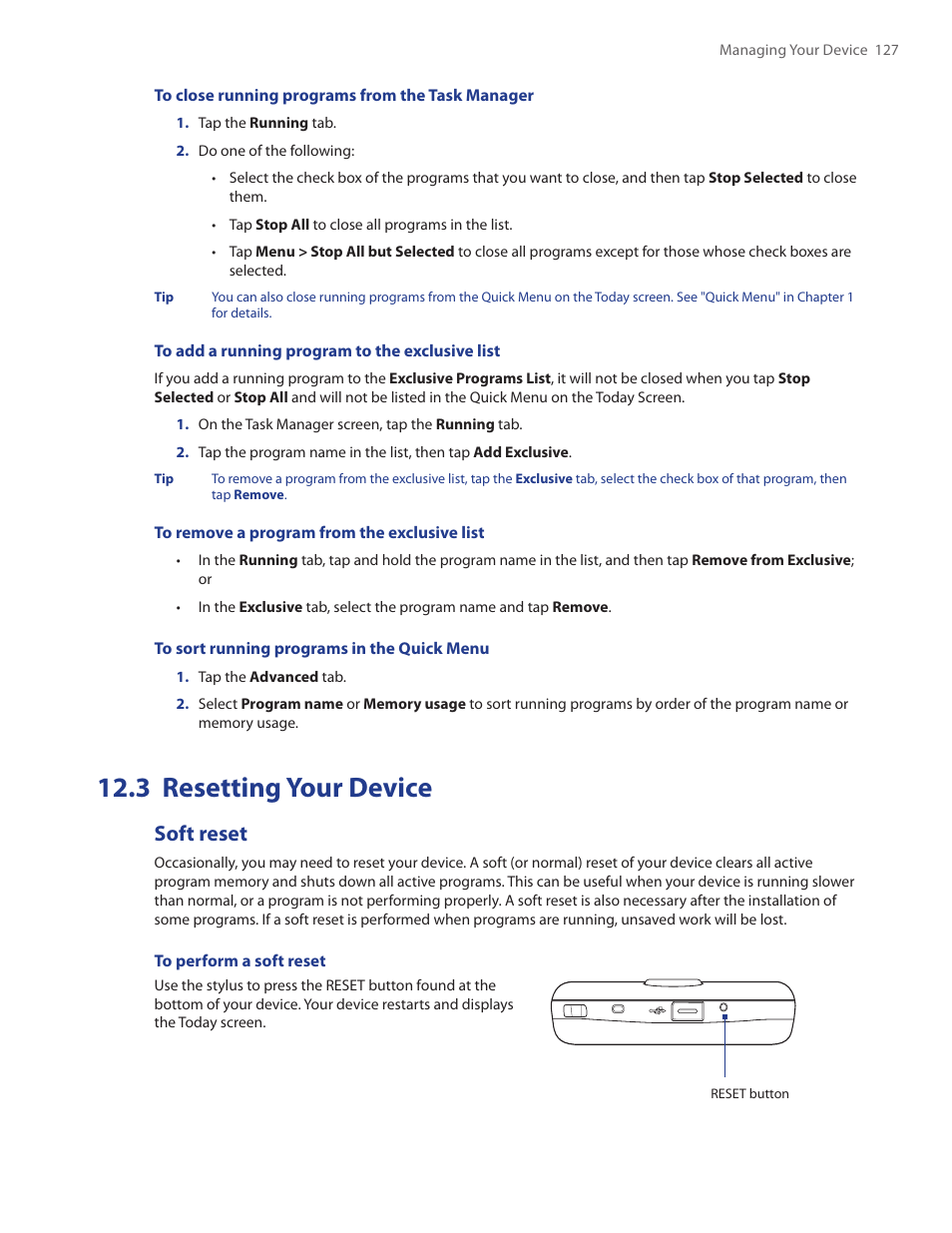 3 resetting your device, Soft reset | HTC Touch by HTC VOGU100 User Manual | Page 127 / 150