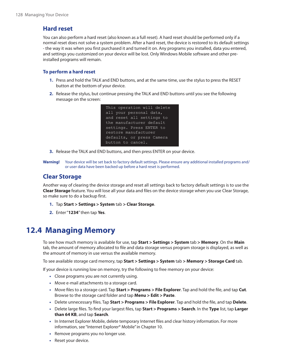 4 managing memory, Hard reset, Clear storage | HTC Touch by HTC VOGU100 User Manual | Page 128 / 150