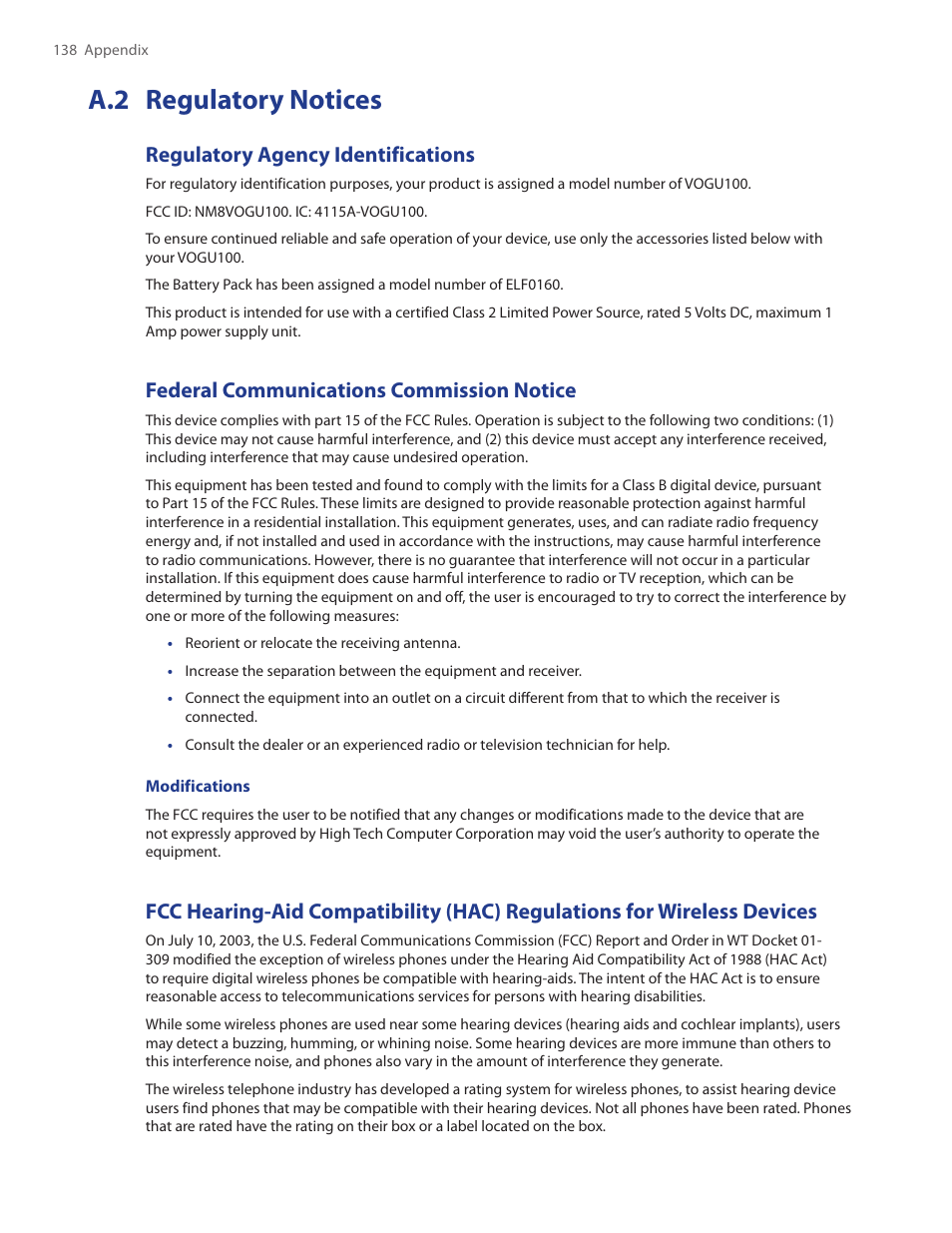 A.2 regulatory notices, Regulatory agency identifications, Federal communications commission notice | HTC Touch by HTC VOGU100 User Manual | Page 138 / 150