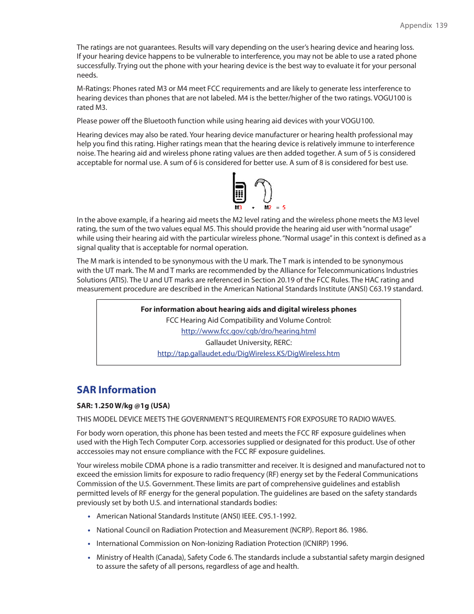 Sar information | HTC Touch by HTC VOGU100 User Manual | Page 139 / 150