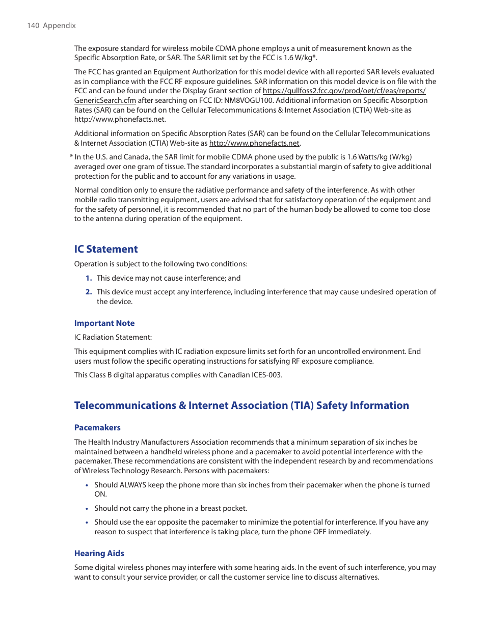 Ic statement | HTC Touch by HTC VOGU100 User Manual | Page 140 / 150