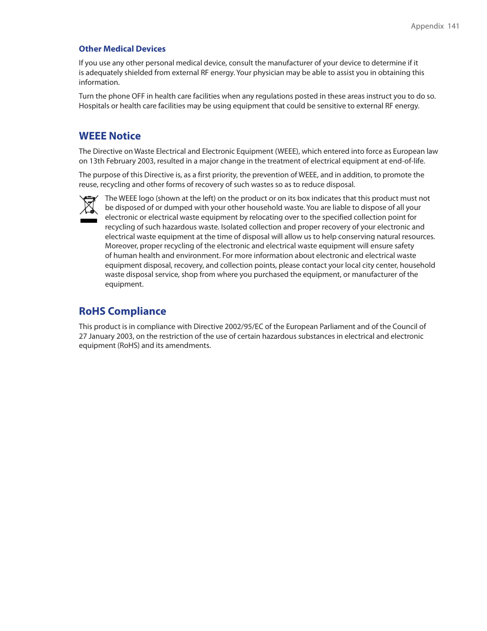 Weee notice, Rohs compliance | HTC Touch by HTC VOGU100 User Manual | Page 141 / 150