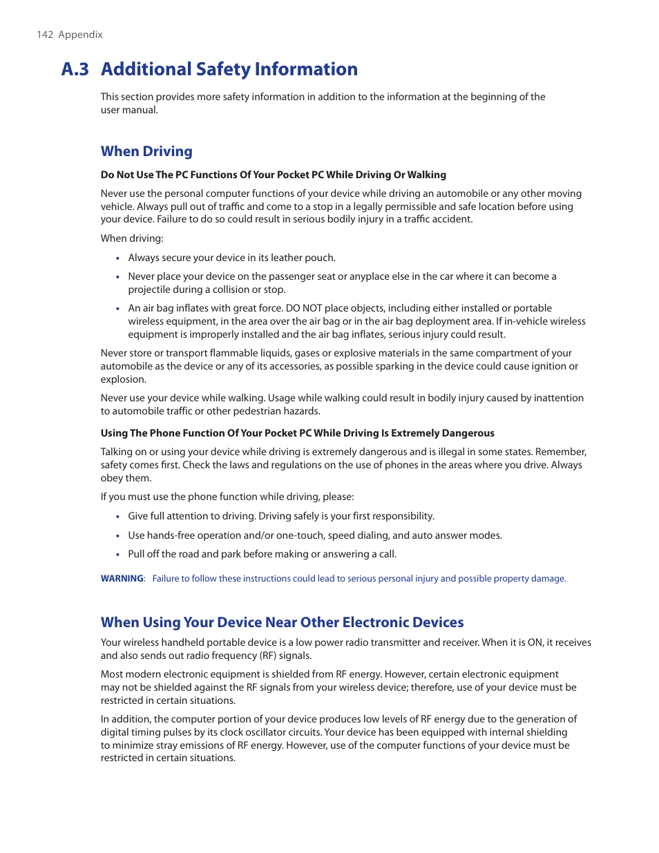 A.3 additional safety information, When driving | HTC Touch by HTC VOGU100 User Manual | Page 142 / 150