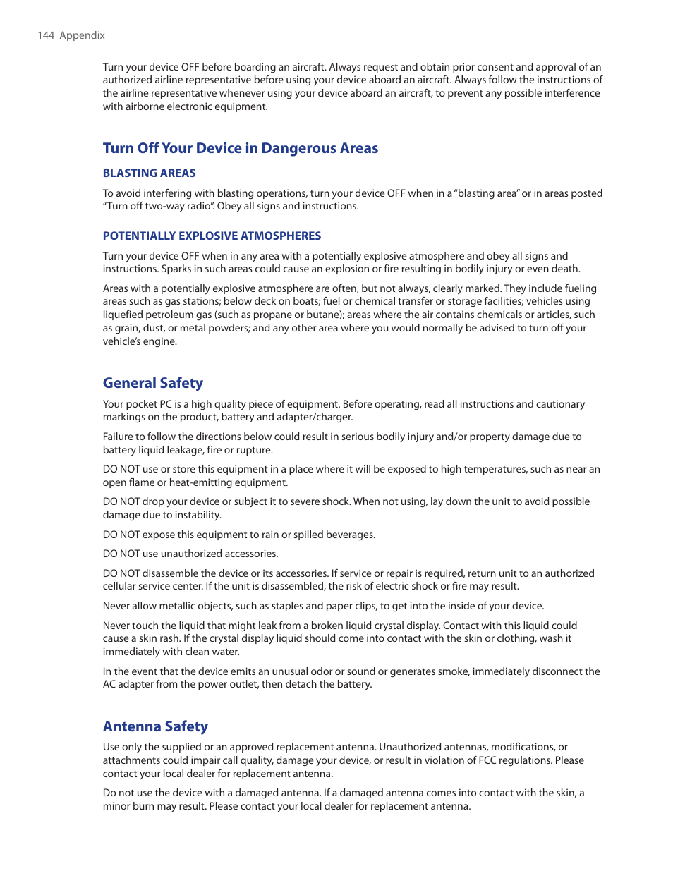 Turn off your device in dangerous areas, General safety, Antenna safety | HTC Touch by HTC VOGU100 User Manual | Page 144 / 150