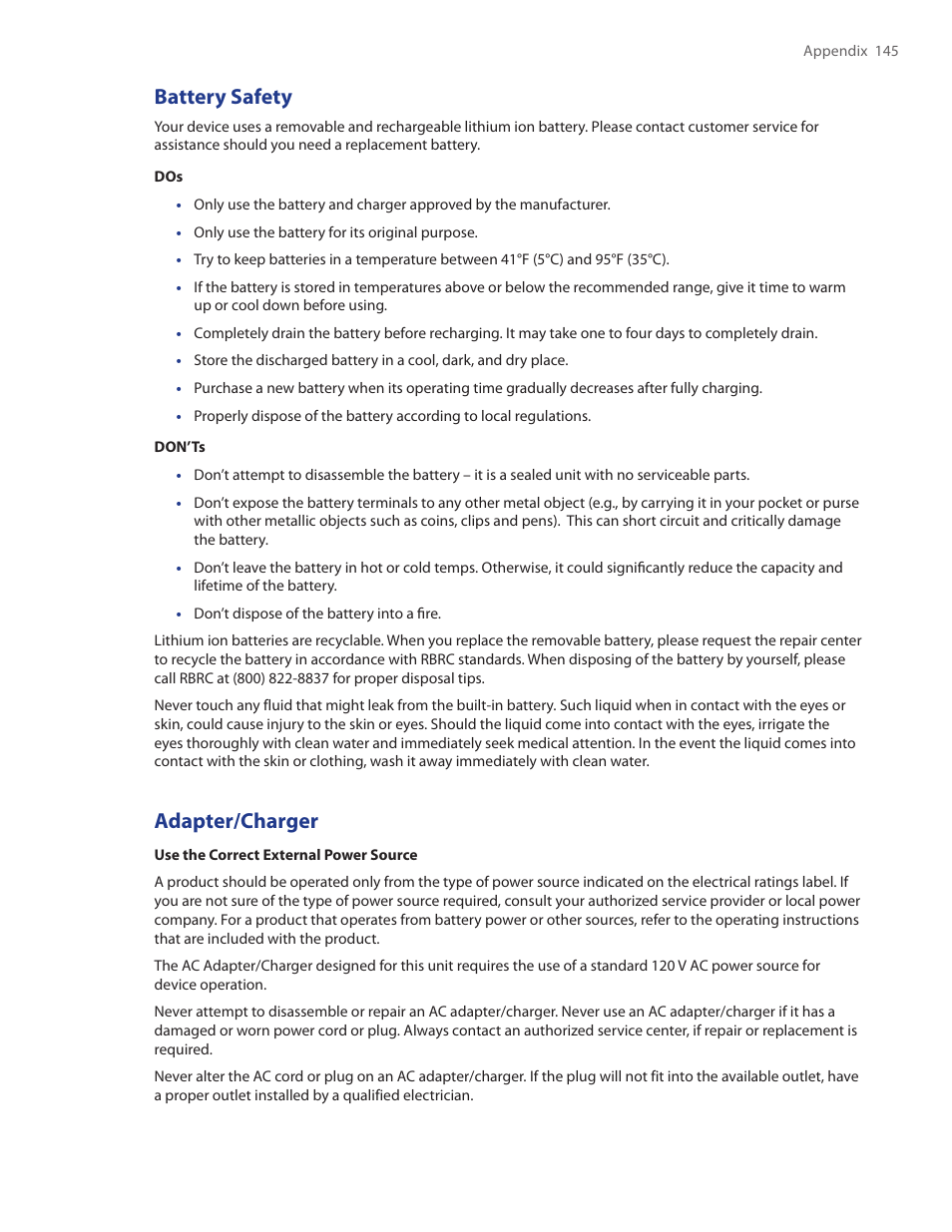 Battery safety, Adapter/charger | HTC Touch by HTC VOGU100 User Manual | Page 145 / 150