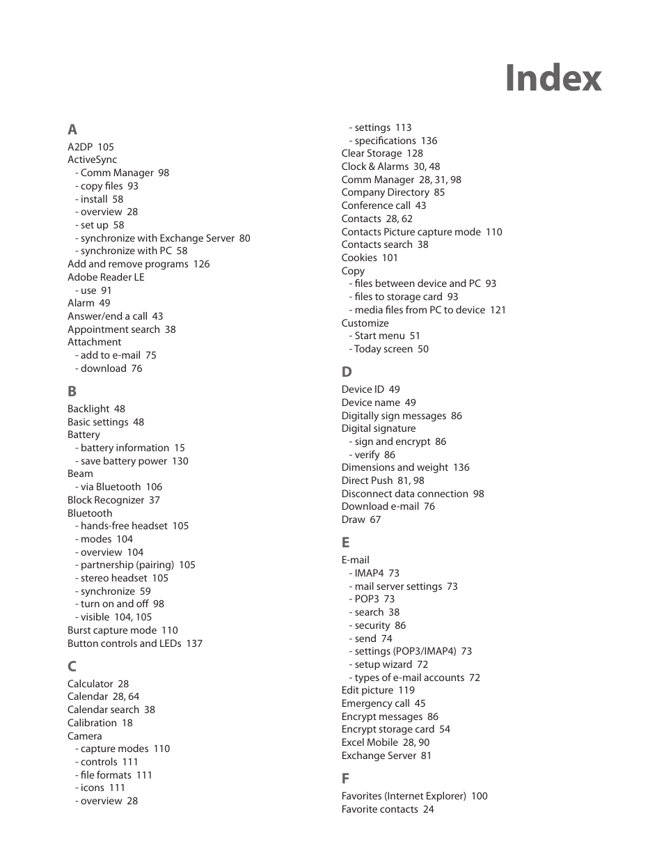 Index | HTC Touch by HTC VOGU100 User Manual | Page 147 / 150