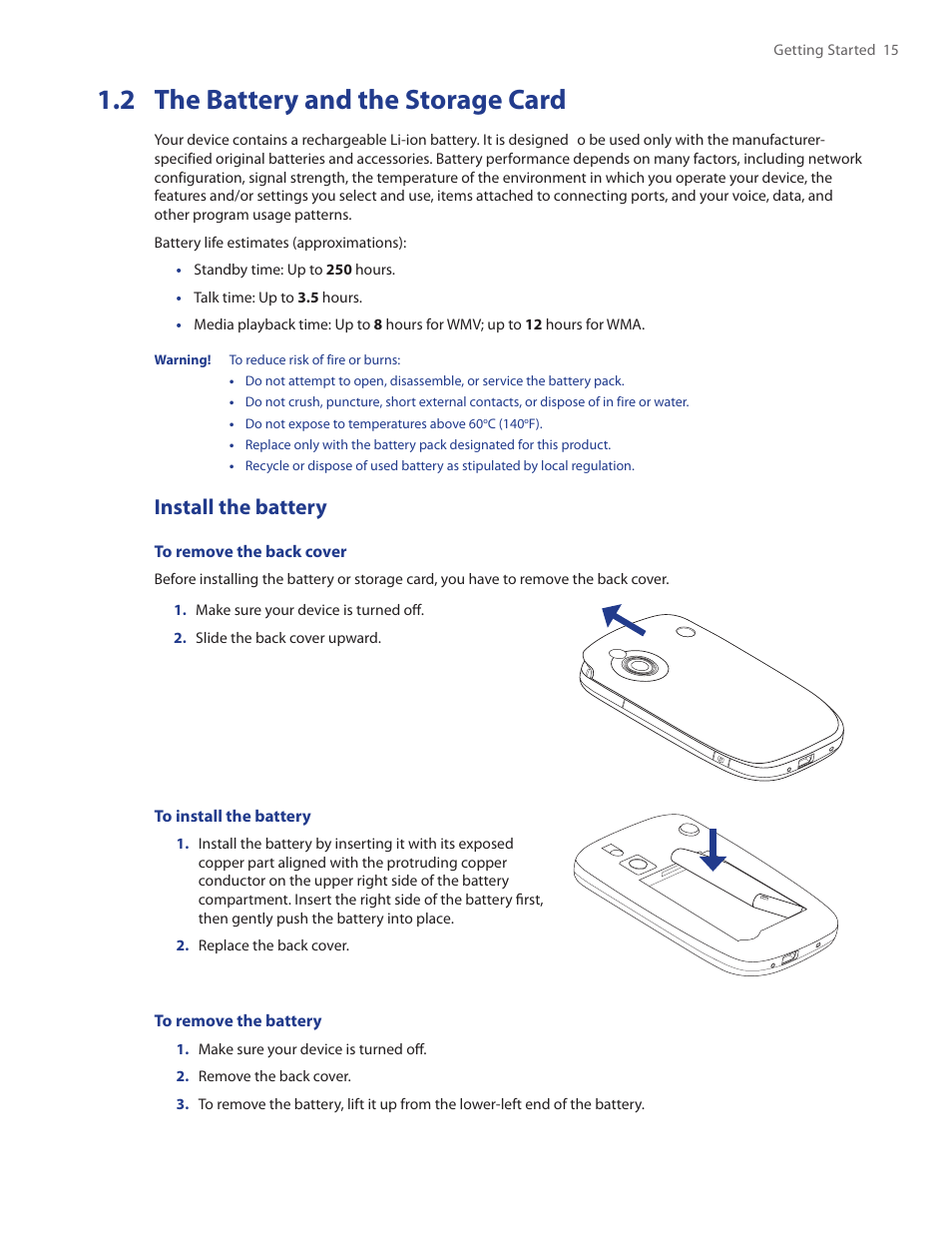 2 the battery and the storage card, Install the battery | HTC Touch by HTC VOGU100 User Manual | Page 15 / 150