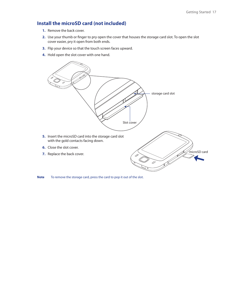 Install the microsd card (not included) | HTC Touch by HTC VOGU100 User Manual | Page 17 / 150