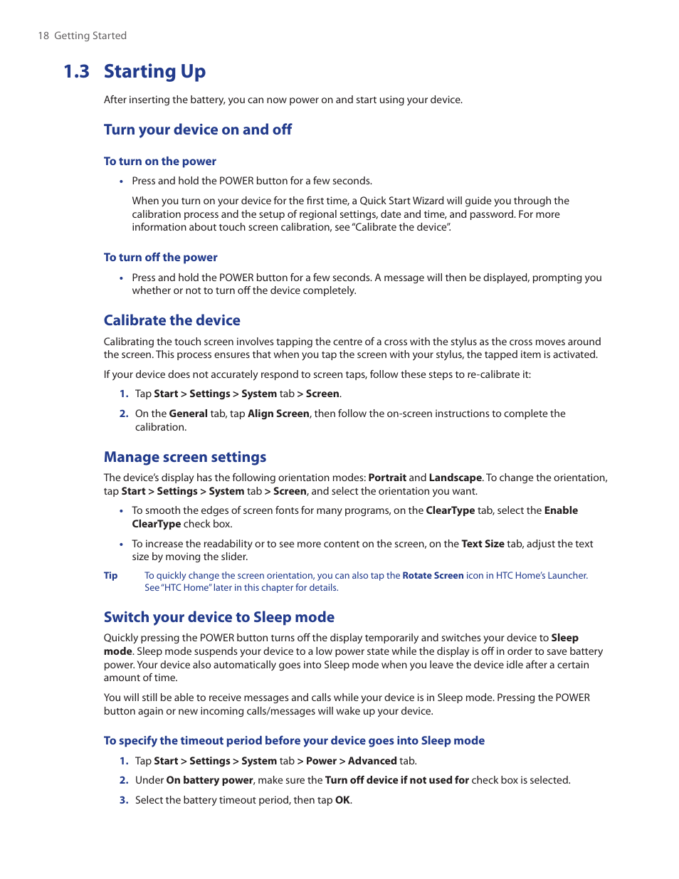 3 starting up, Turn your device on and off, Calibrate the device | Manage screen settings, Switch your device to sleep mode | HTC Touch by HTC VOGU100 User Manual | Page 18 / 150