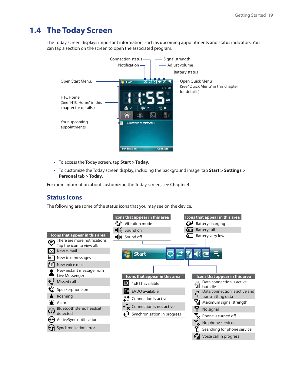 4 the today screen, Status icons | HTC Touch by HTC VOGU100 User Manual | Page 19 / 150