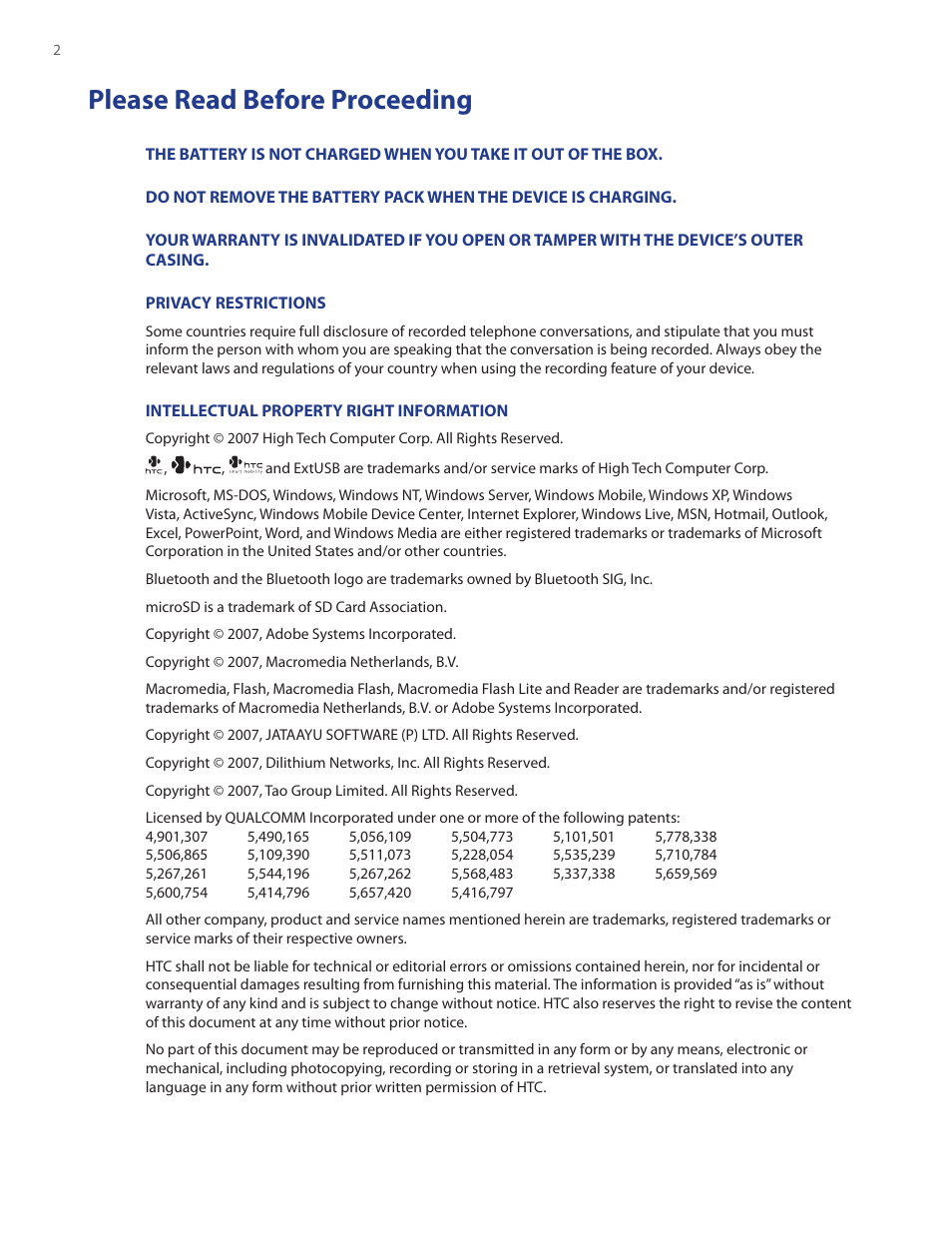 Please read before proceeding | HTC Touch by HTC VOGU100 User Manual | Page 2 / 150