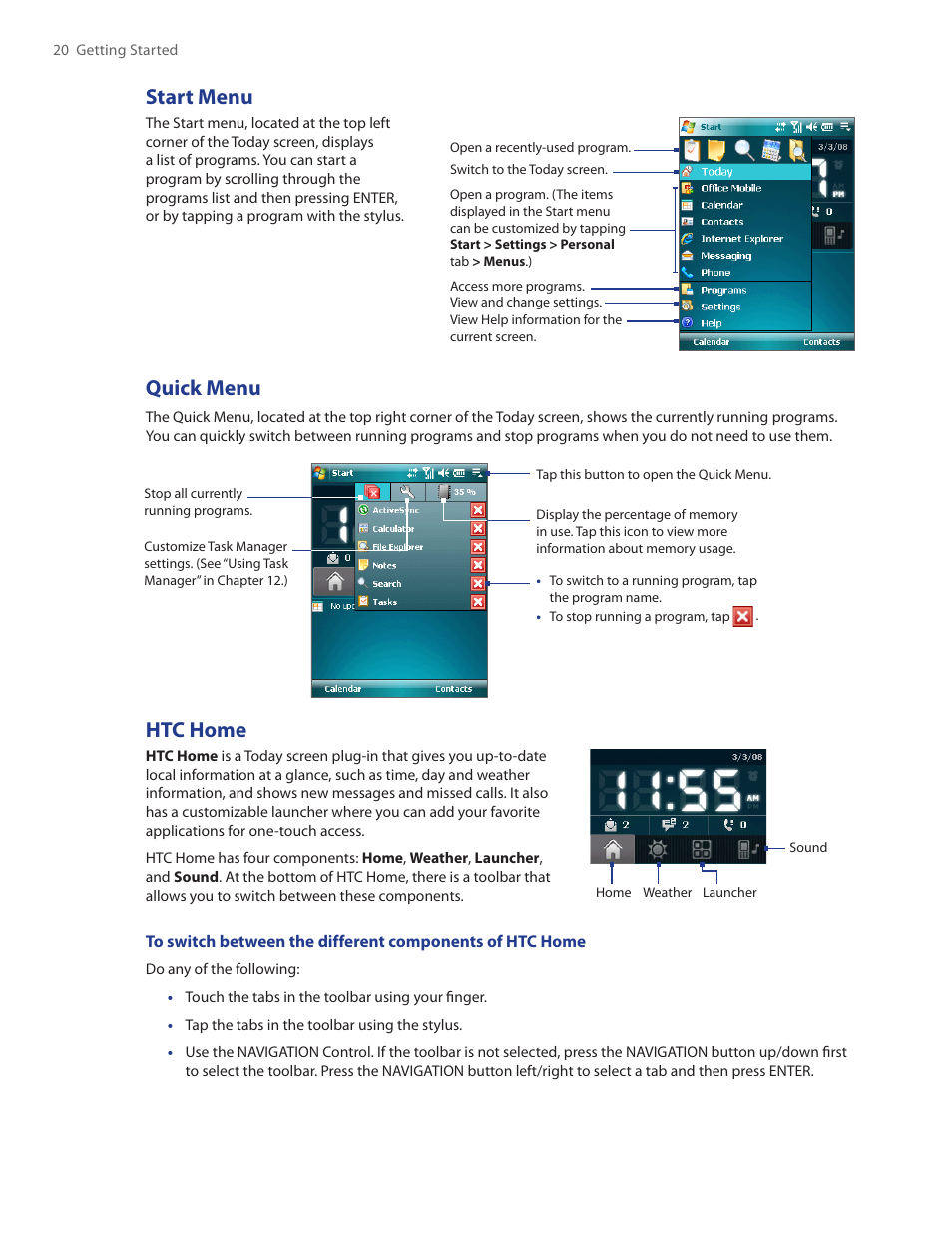 Start menu, Quick menu, Htc home | HTC Touch by HTC VOGU100 User Manual | Page 20 / 150