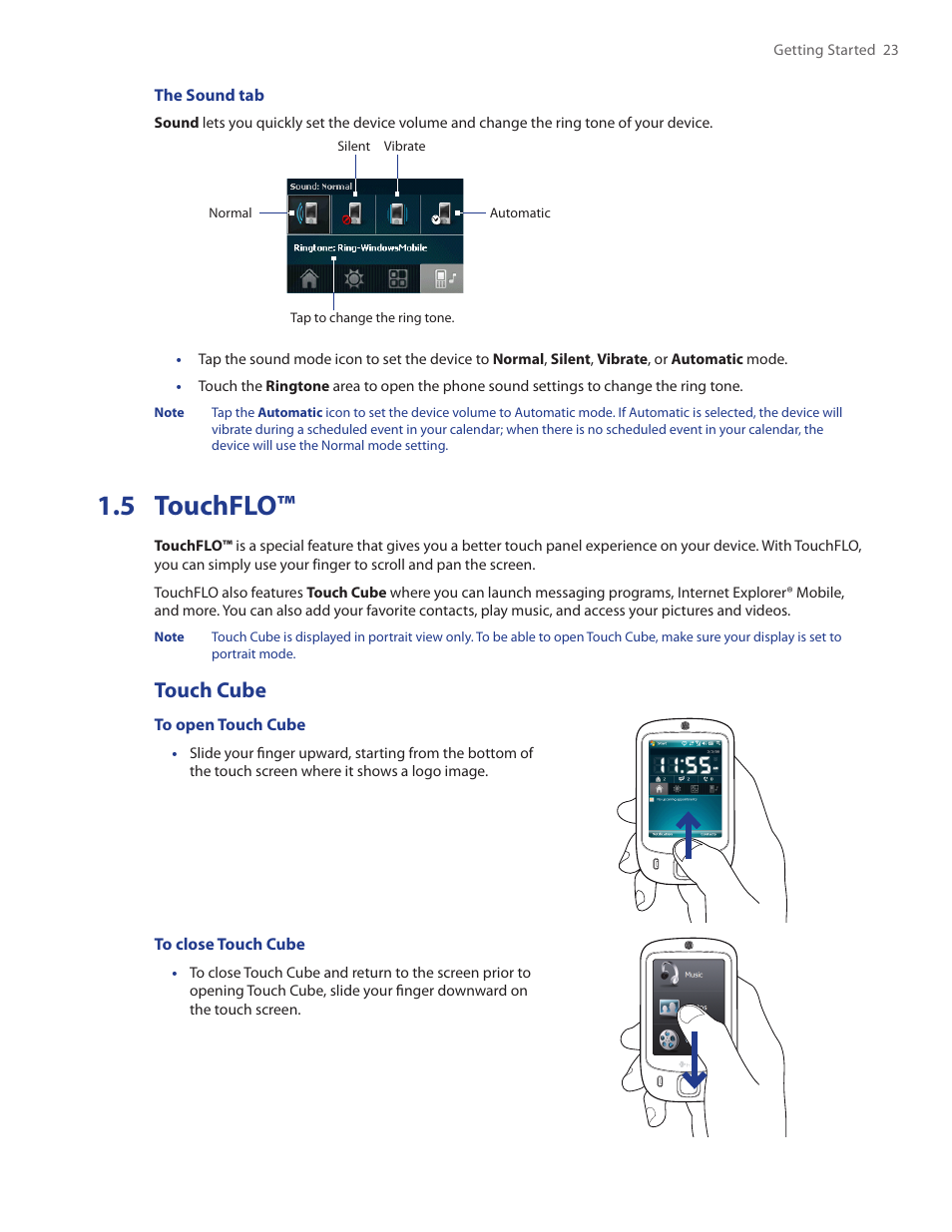 5 touchflo, Touch cube | HTC Touch by HTC VOGU100 User Manual | Page 23 / 150