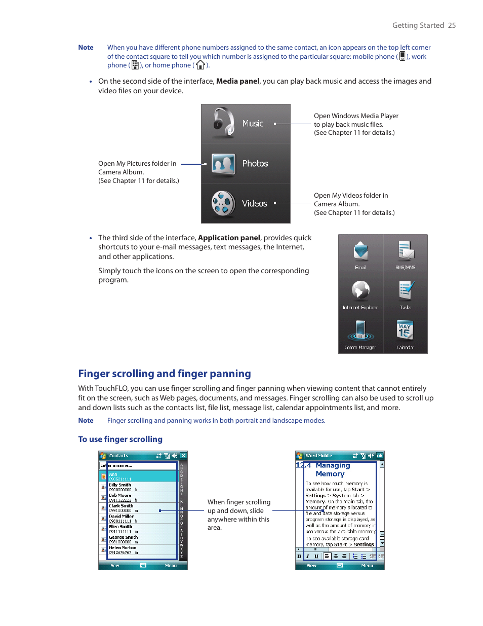 Finger scrolling and finger panning | HTC Touch by HTC VOGU100 User Manual | Page 25 / 150