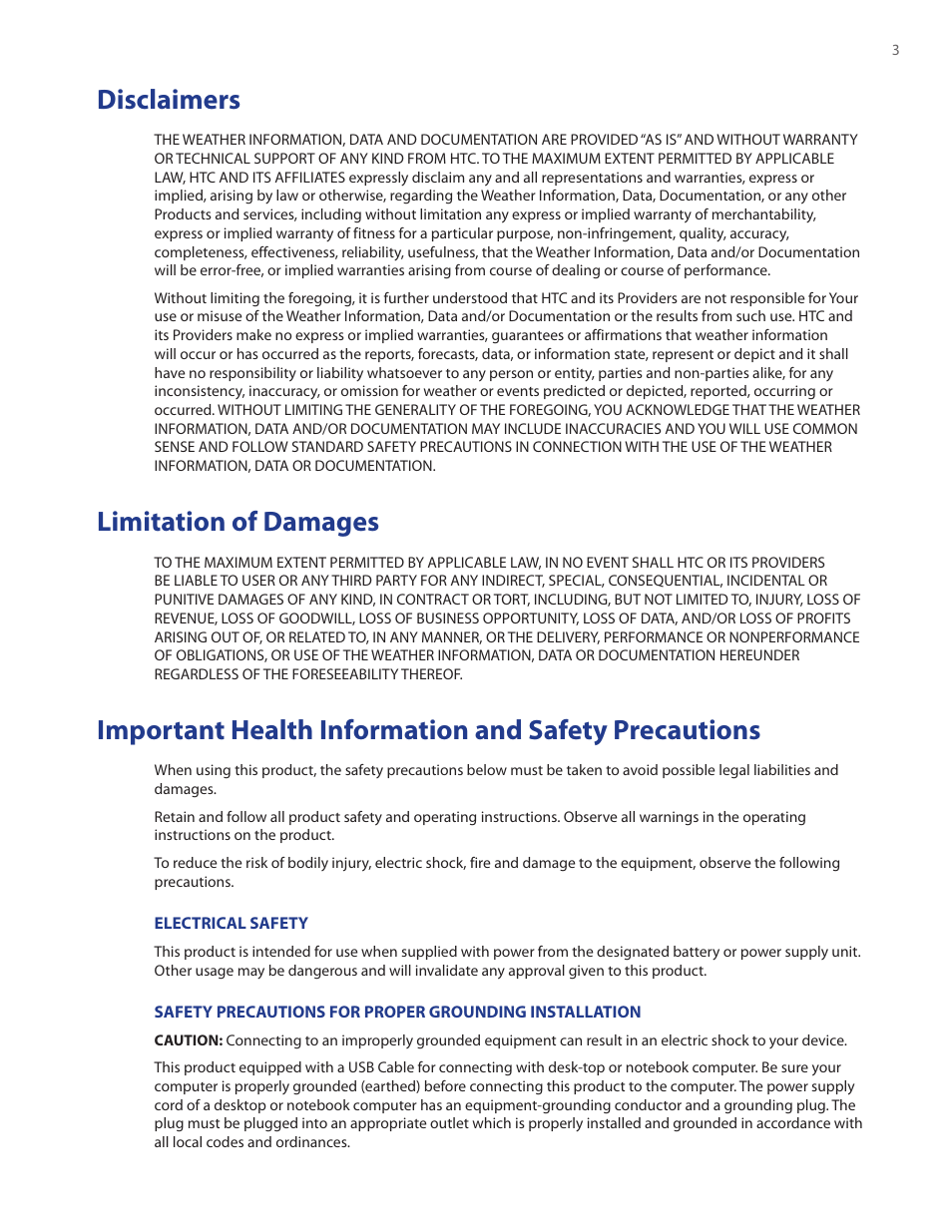 Disclaimers, Limitation of damages | HTC Touch by HTC VOGU100 User Manual | Page 3 / 150