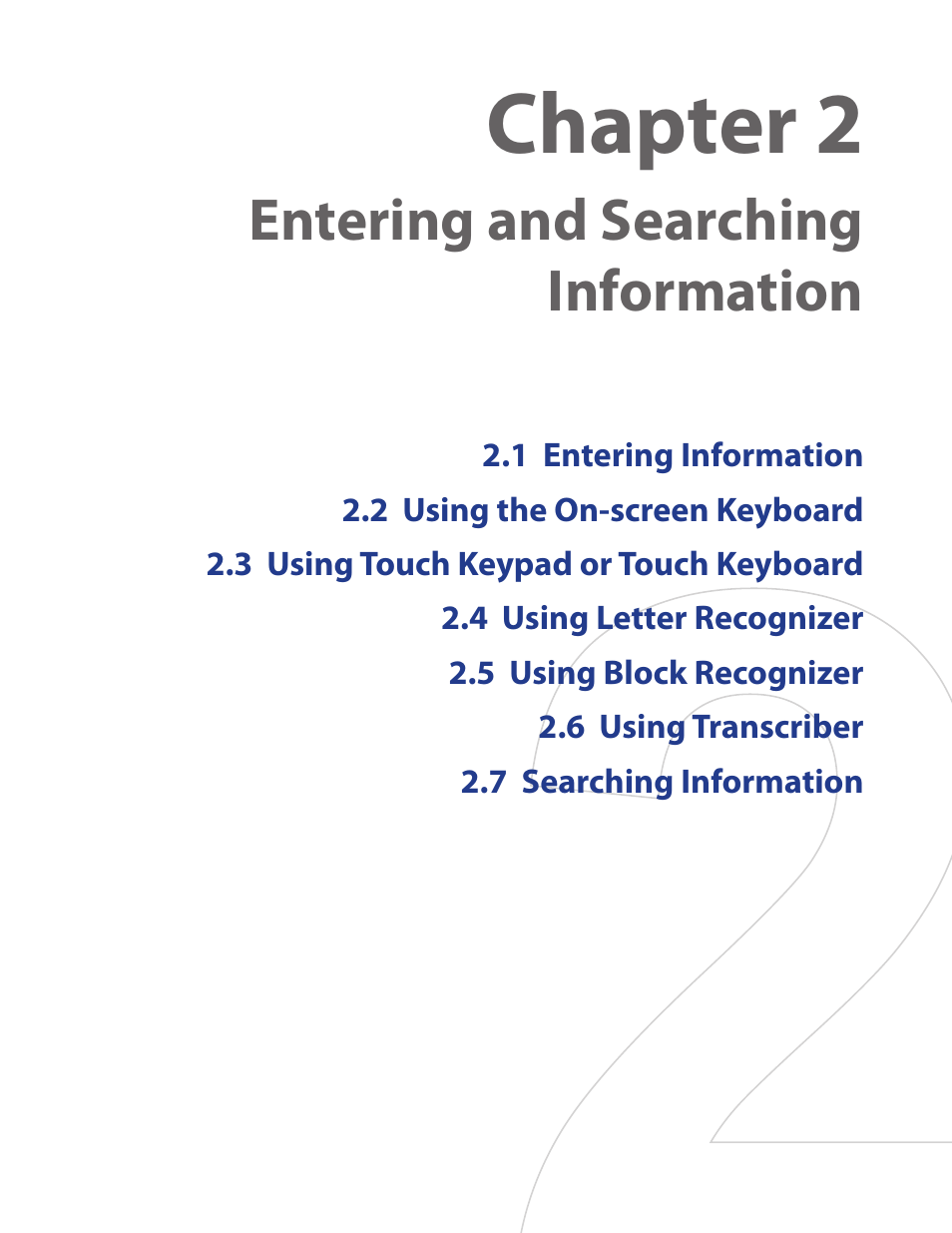 Chapter 2, Entering and searching information | HTC Touch by HTC VOGU100 User Manual | Page 33 / 150