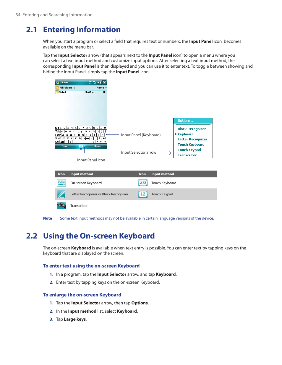 1 entering information, 2 using the on-screen keyboard | HTC Touch by HTC VOGU100 User Manual | Page 34 / 150