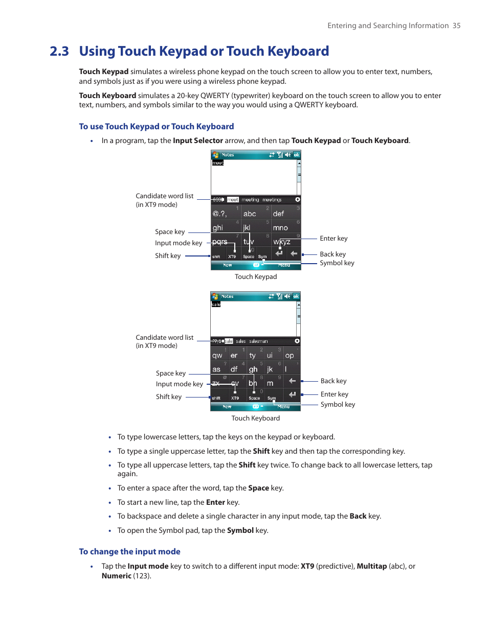 3 using touch keypad or touch keyboard | HTC Touch by HTC VOGU100 User Manual | Page 35 / 150