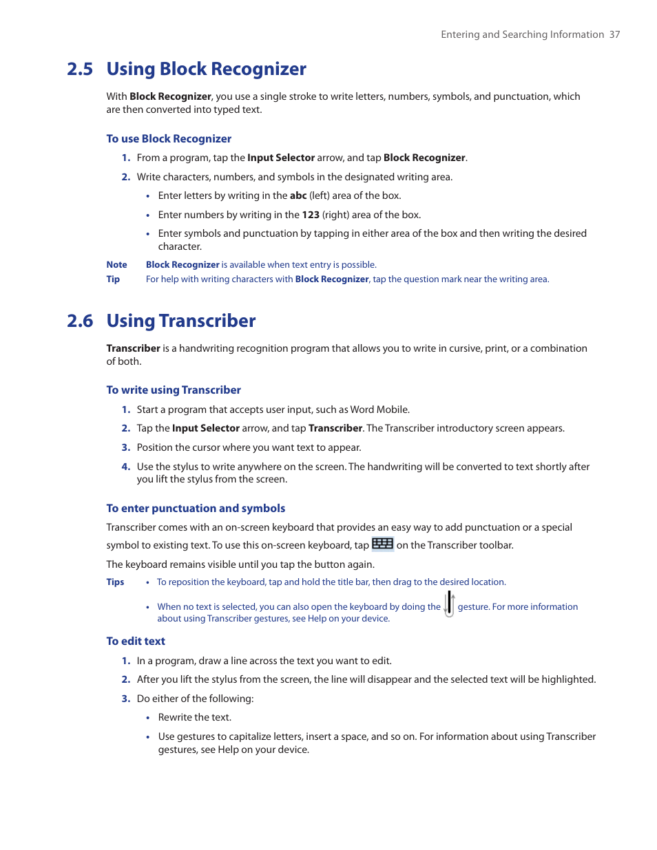 5 using block recognizer, 6 using transcriber | HTC Touch by HTC VOGU100 User Manual | Page 37 / 150