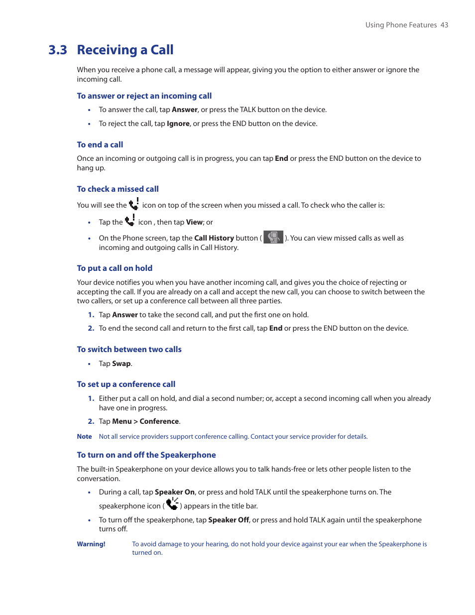 3 receiving a call | HTC Touch by HTC VOGU100 User Manual | Page 43 / 150