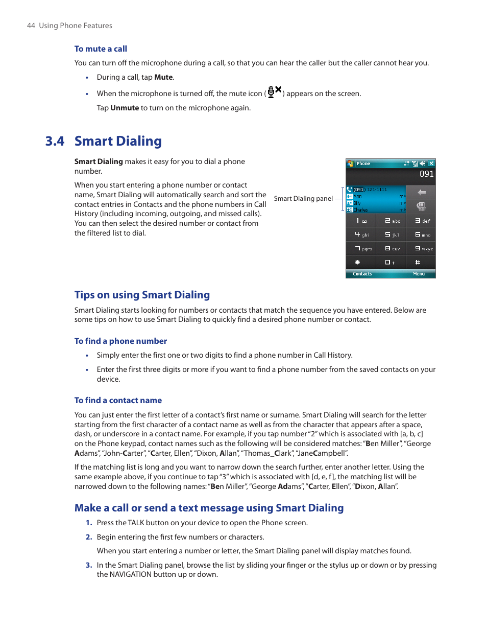 4 smart dialing, Tips on using smart dialing | HTC Touch by HTC VOGU100 User Manual | Page 44 / 150