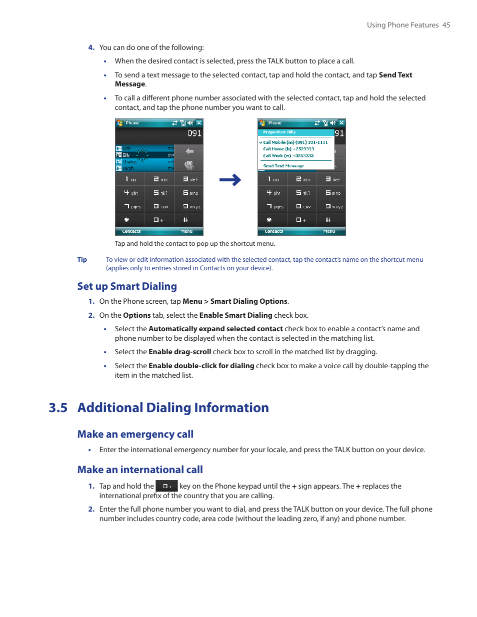 5 additional dialing information, Set up smart dialing, Make an emergency call | Make an international call | HTC Touch by HTC VOGU100 User Manual | Page 45 / 150