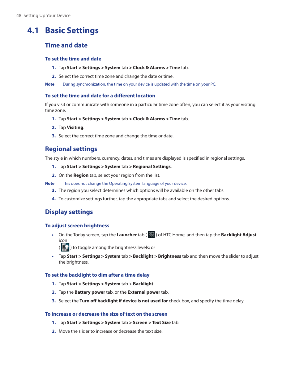 1 basic settings, Time and date, Regional settings | Display settings | HTC Touch by HTC VOGU100 User Manual | Page 48 / 150