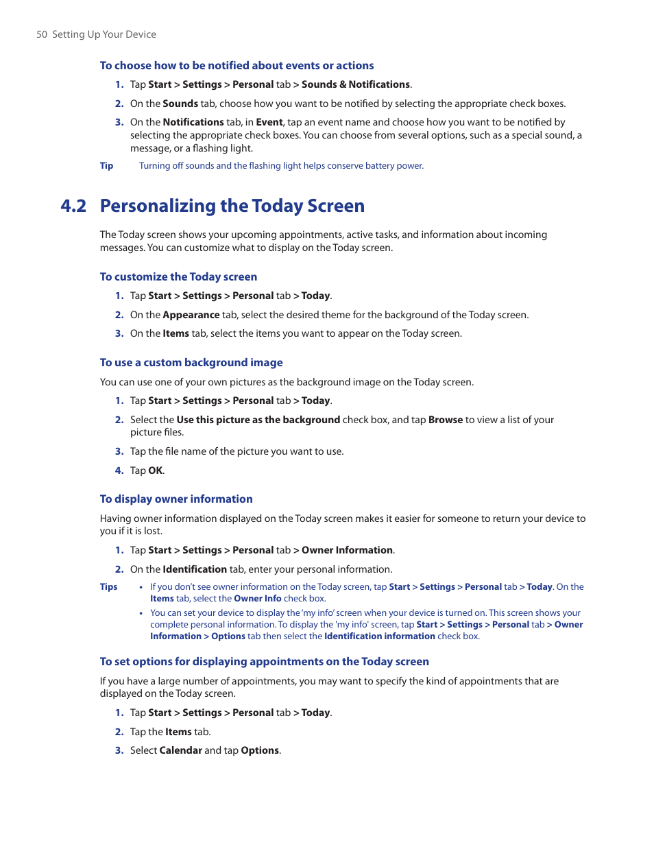 2 personalizing the today screen | HTC Touch by HTC VOGU100 User Manual | Page 50 / 150