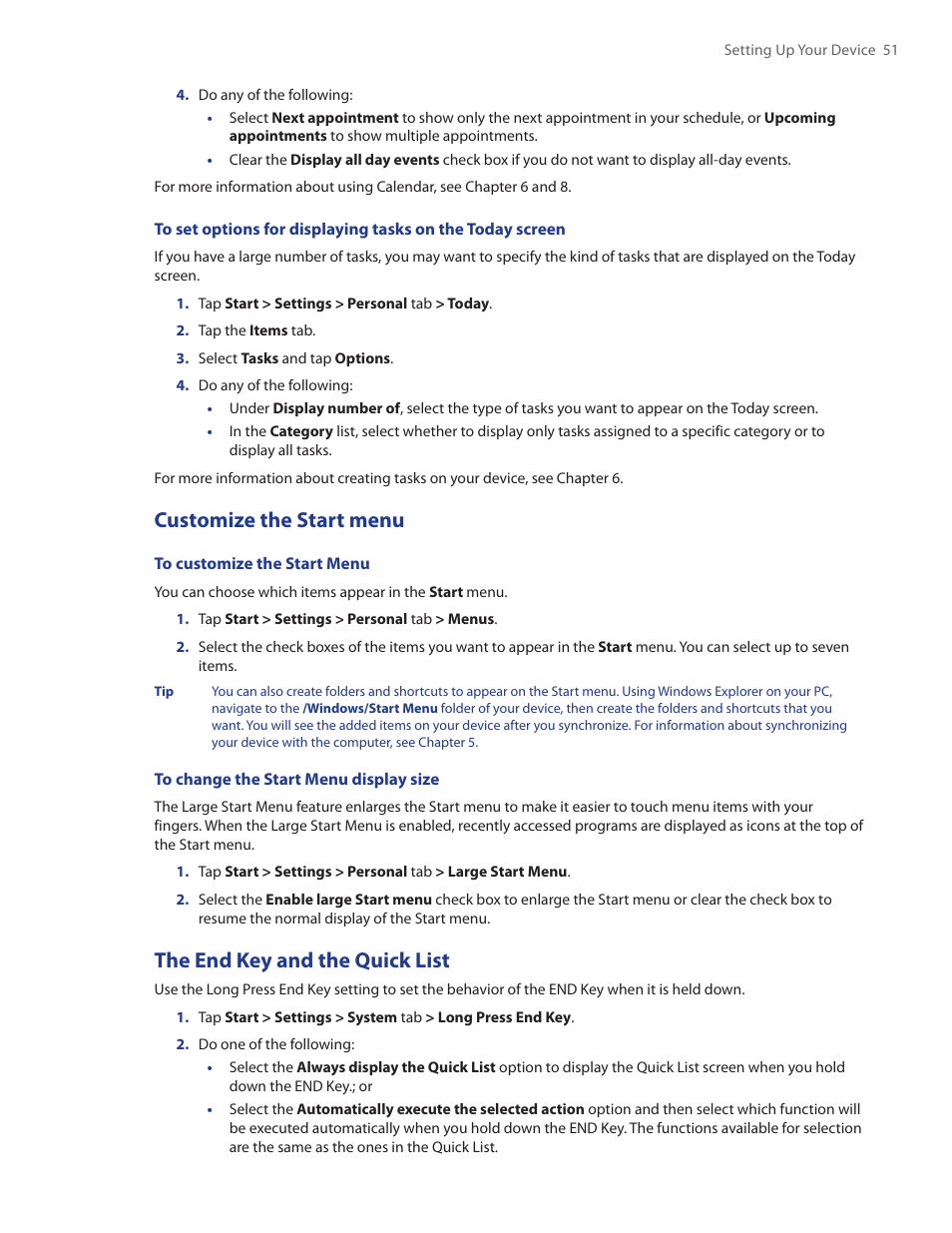 Customize the start menu, The end key and the quick list | HTC Touch by HTC VOGU100 User Manual | Page 51 / 150