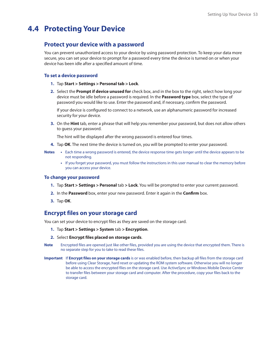 4 protecting your device, Protect your device with a password, Encrypt files on your storage card | HTC Touch by HTC VOGU100 User Manual | Page 53 / 150