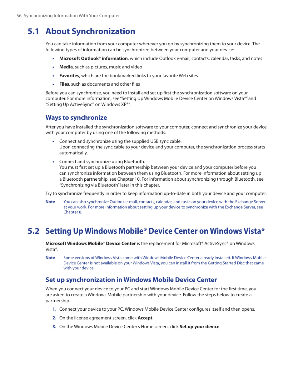 1 about synchronization, 2 setting up windows mobile® device center, On windows vista | Ways to synchronize | HTC Touch by HTC VOGU100 User Manual | Page 56 / 150