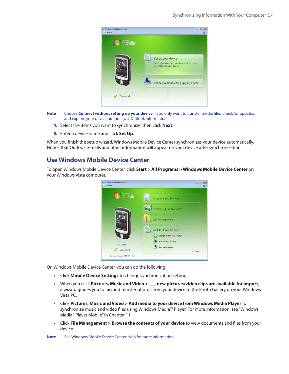 Use windows mobile device center | HTC Touch by HTC VOGU100 User Manual | Page 57 / 150