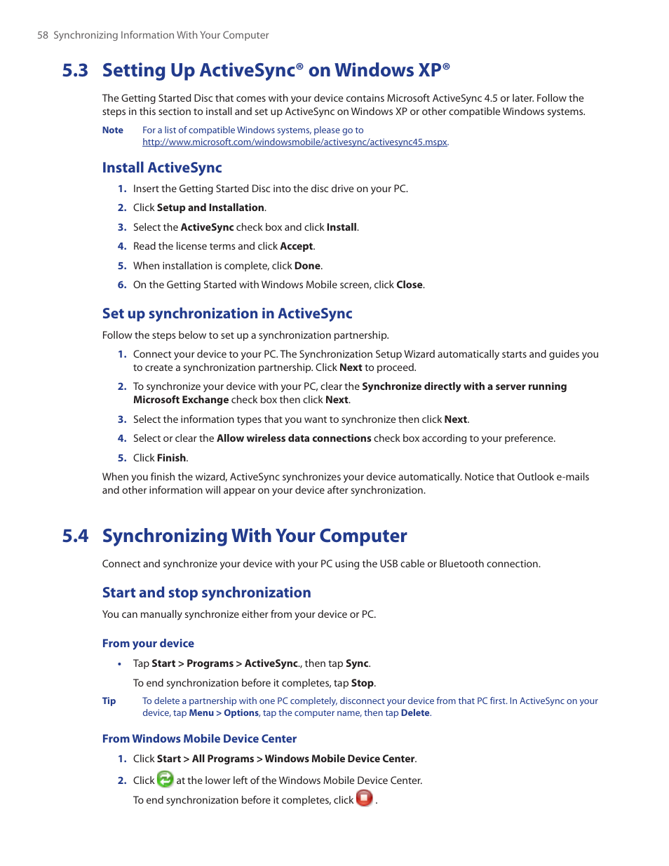 3 setting up activesync® on windows xp, 4 synchronizing with your computer, Install activesync | Set up synchronization in activesync, Start and stop synchronization | HTC Touch by HTC VOGU100 User Manual | Page 58 / 150