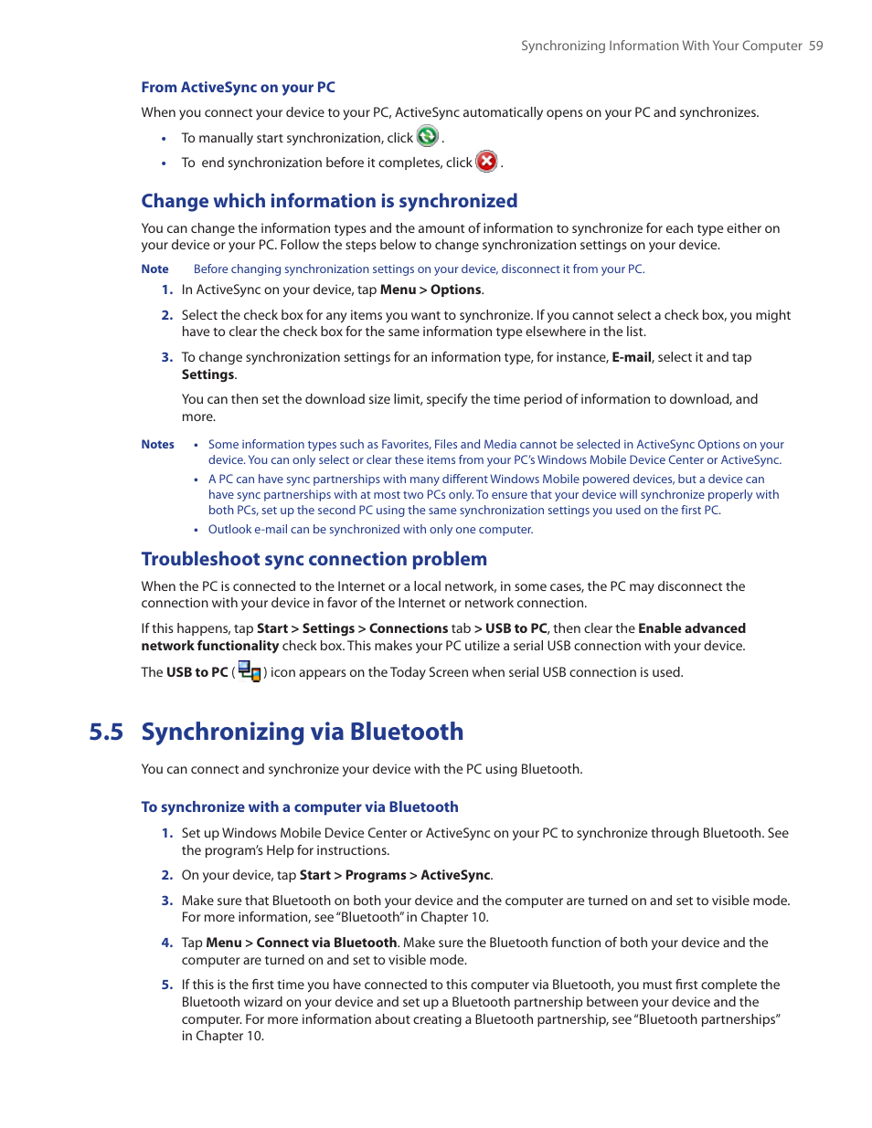 5 synchronizing via bluetooth, Change which information is synchronized, Troubleshoot sync connection problem | HTC Touch by HTC VOGU100 User Manual | Page 59 / 150