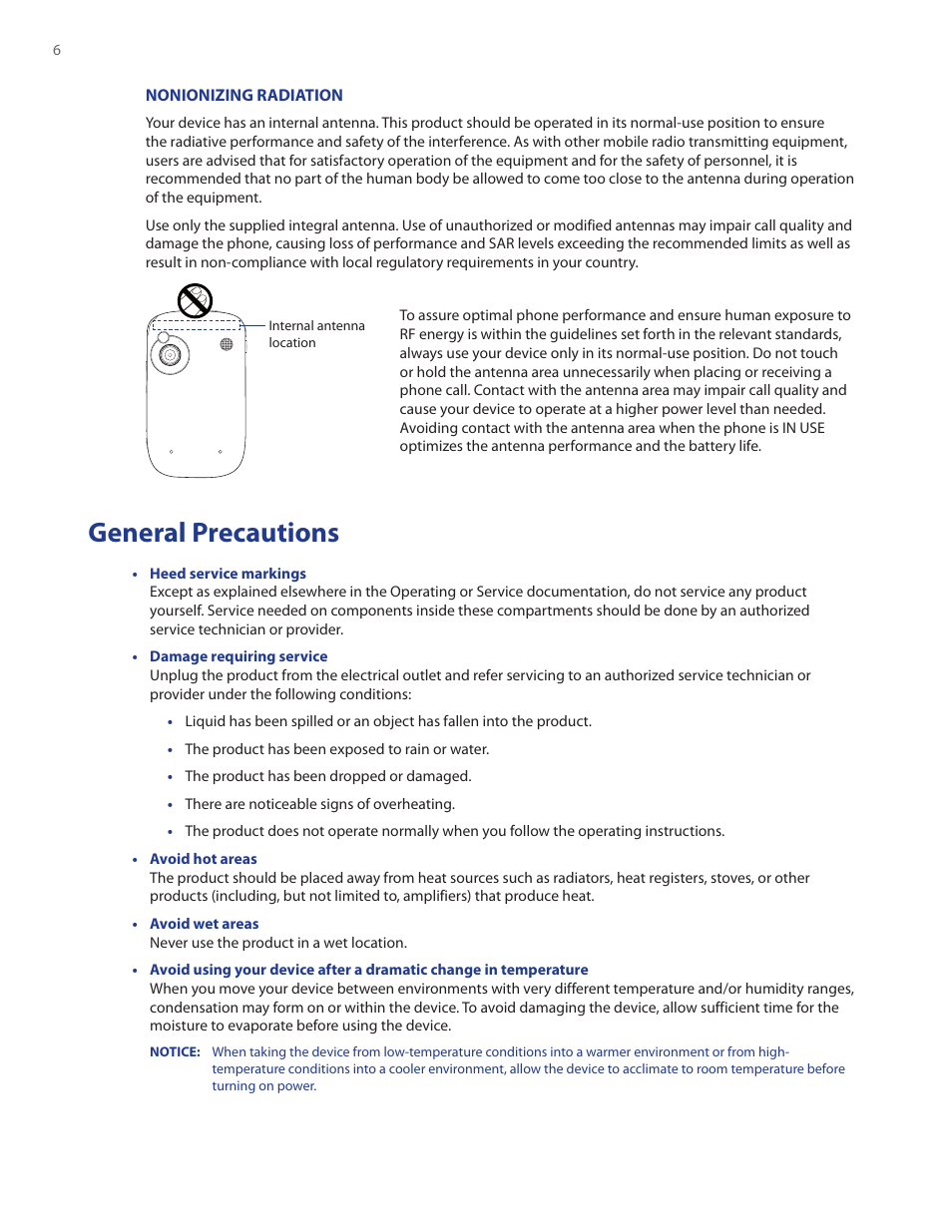 General precautions, Nonionizing radiation, Internal antenna location | HTC Touch by HTC VOGU100 User Manual | Page 6 / 150
