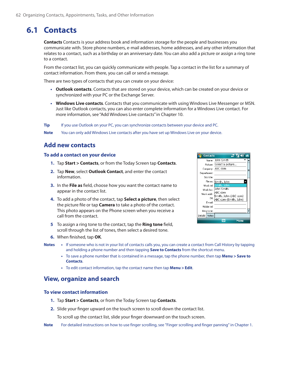 1 contacts, Add new contacts, View, organize and search | HTC Touch by HTC VOGU100 User Manual | Page 62 / 150