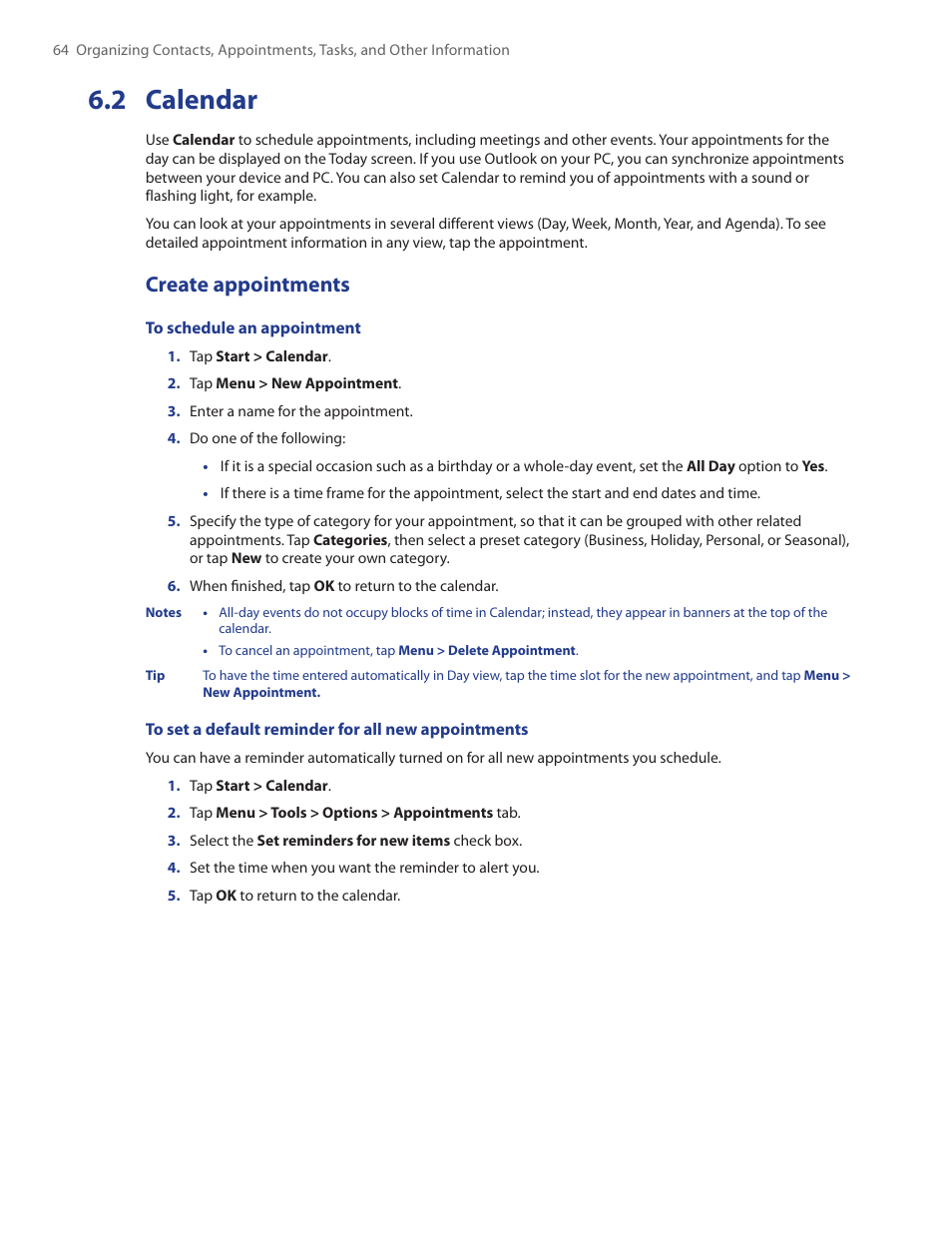 2 calendar, Create appointments | HTC Touch by HTC VOGU100 User Manual | Page 64 / 150