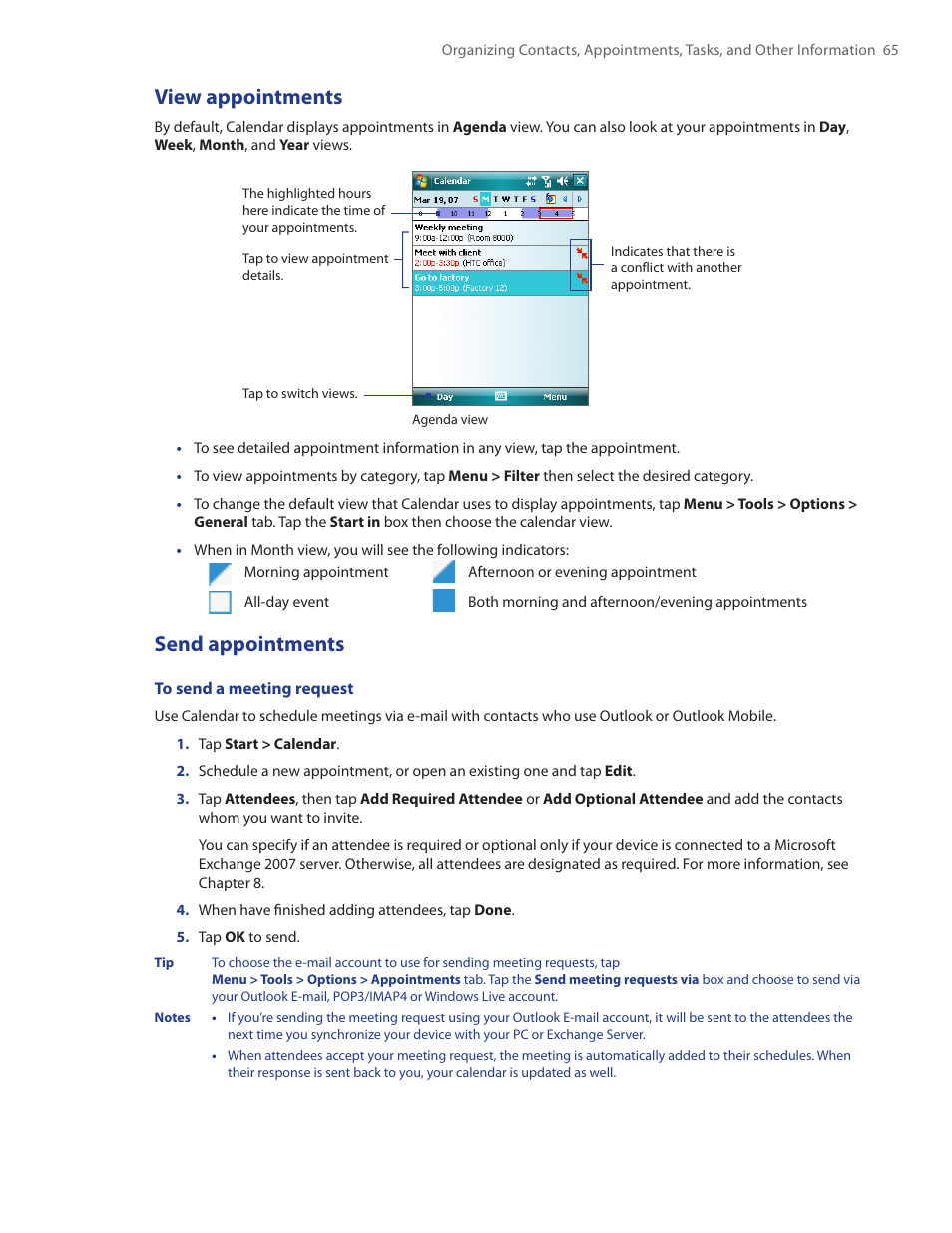 View appointments, Send appointments | HTC Touch by HTC VOGU100 User Manual | Page 65 / 150