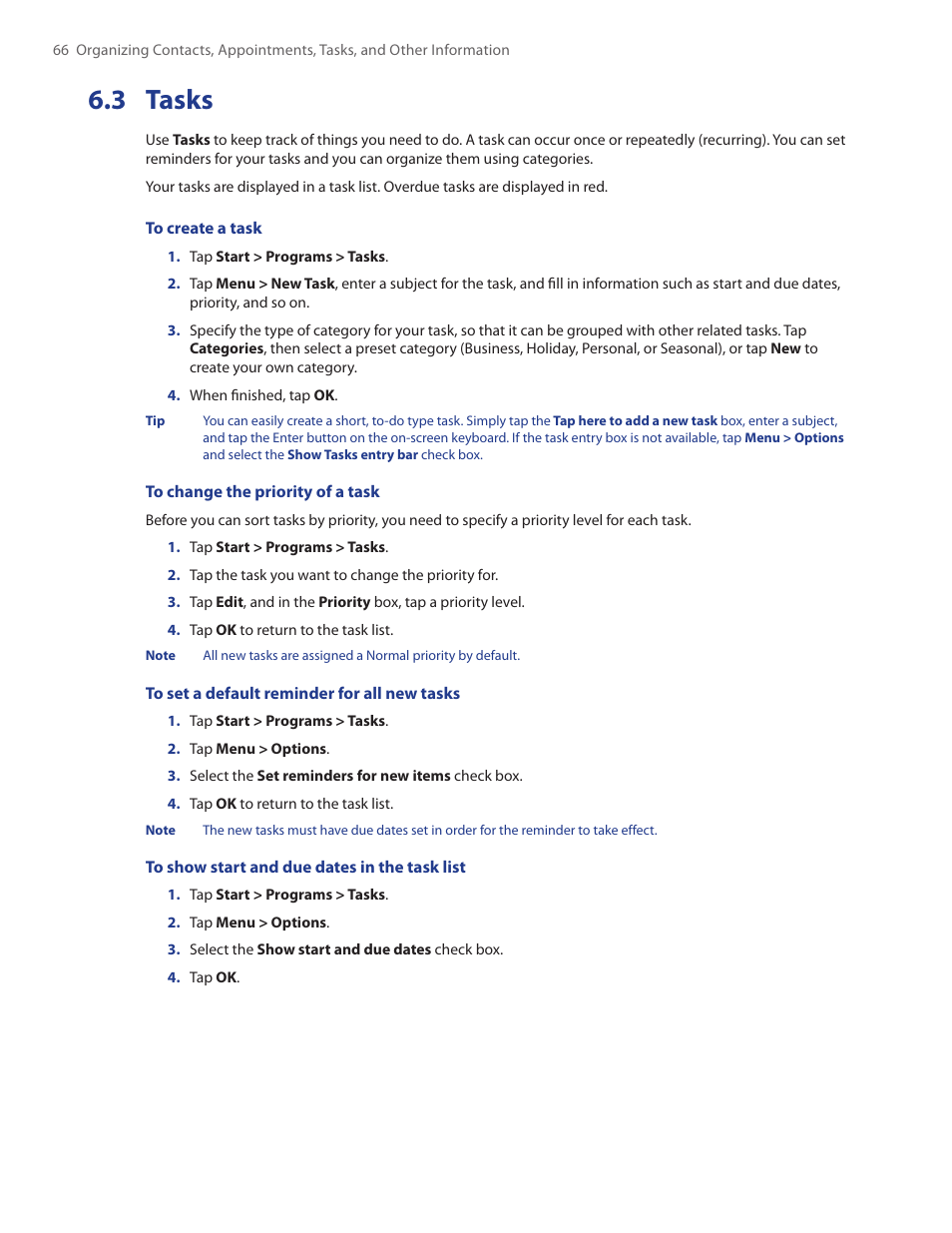 3 tasks | HTC Touch by HTC VOGU100 User Manual | Page 66 / 150