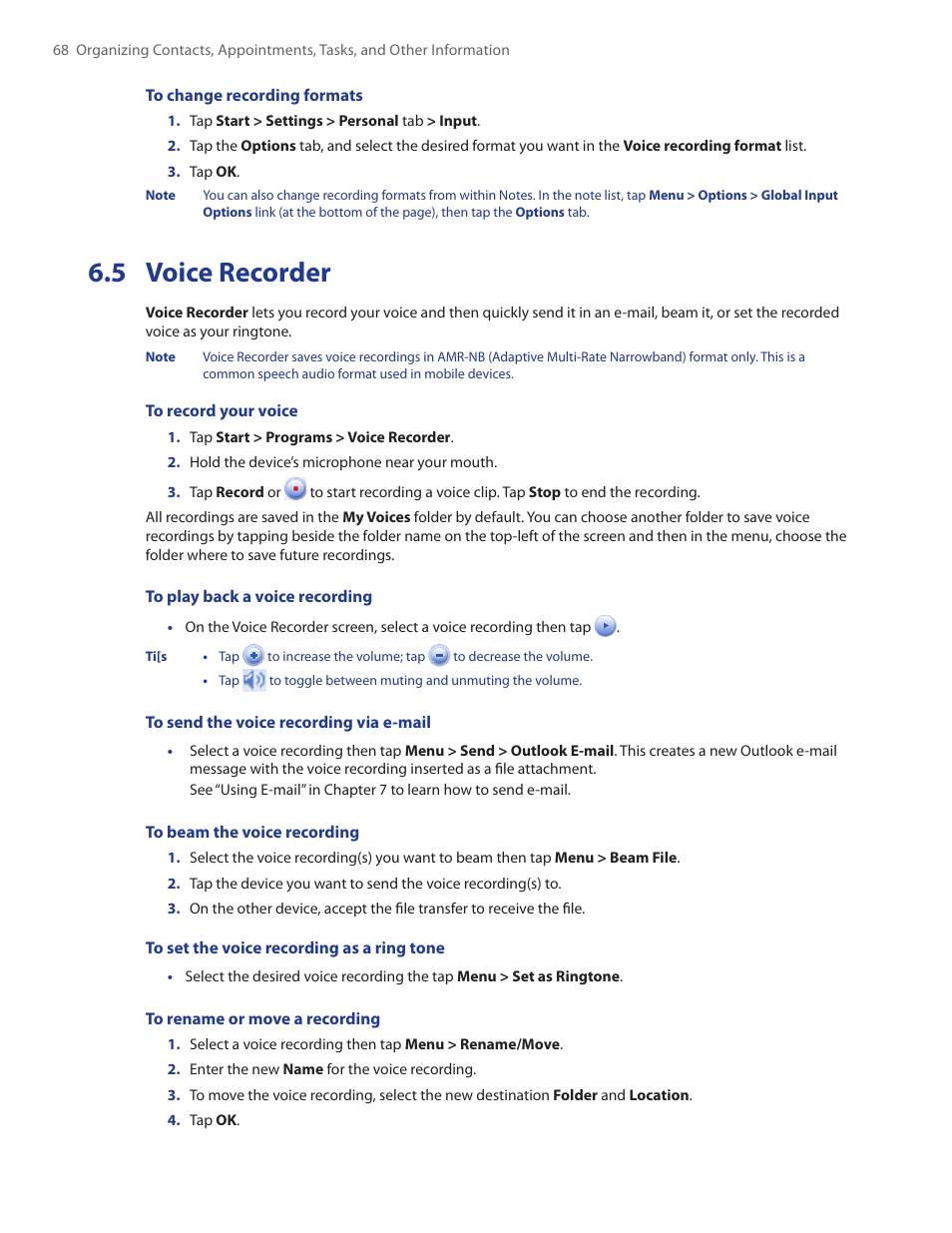 5 voice recorder | HTC Touch by HTC VOGU100 User Manual | Page 68 / 150