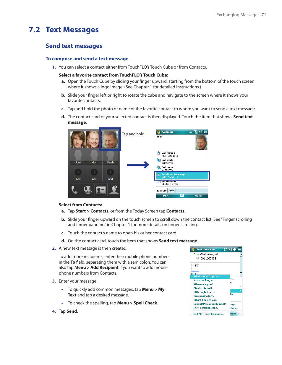 2 text messages, Send text messages | HTC Touch by HTC VOGU100 User Manual | Page 71 / 150